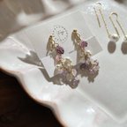 作品藤の花　アメジスト　天然石　イヤリング　ピアス　揺れる　ゴールド　パール　ローズクォーツ　結婚式　紫　白　