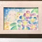 作品原画パステルアート<キラキラやさしいてるてる坊主と紫陽花>