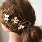 作品 ウエディング　ブライダル　結婚式　ヘッドドレス　ヘアアクセサリー　髪飾り　花　ブライダルアクセサリー　成人式　卒業式　前撮り　ゴールド髪飾り