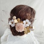 作品水引細工・鶴の羽と林檎の花の和装ヘアアクセ　着物ヘアアクセサリー　髪飾り　タイトシニヨン　シニヨンヘア　成人式　結婚式　白無垢　卒業式　振袖　袴　着物　水引　水引アレンジ　