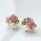 作品母の日　ミニ花束 ブーケ ピアス　お花 ピンク 淡水パール ギフト　春 