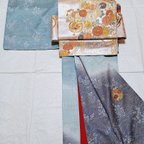 作品【小サイズ】ワンタッチ着物　くらわん着物　正絹付け下げ訪問着リメイク　染め分け茶青磁グリーン日本刺繍丸花文様