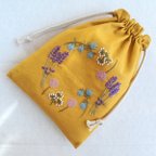 作品May flower wreath mini pouch (mustard)✿刺繍巾着袋コットン100%