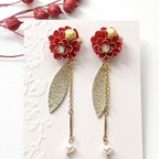 作品＊つまみ細工＊赤 ゴールド 花 ピアス＊