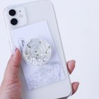 作品スマホグリップ　花　かすみ草　スマホスタンド　ポップアップソケット　落下防止　スマホケース　iPhone アンドロイド　全機種対応　クリア　パール　ギフト　プレゼント