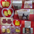 作品６面猫ちゃんのイラストBOXにネコの形のクッキー４袋詰め合わせ♪(*^▽^*)内側水色バージョン(^^♪