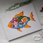 作品朝を運ぶ魚／紅型手染めファブリックパネル