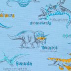 作品オックス生地【50×110cm】恐竜 ダイナソー 蛍光色  リアル イラスト 英字 ブルー