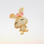 作品H0579 【超萌兎】 超可愛い キラキラ ピンク リボン付き ウサギ ブローチ