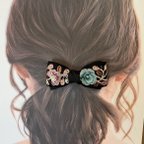 作品【再販】黒リボン　インド刺繍　ブルー花　こども〜大人まで　ヘアゴム  ギフト