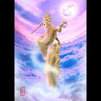 作品龍の絵「月と昇龍　金龍」自作A4　竜の絵