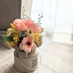 作品春色Petit Bouquet〜ミモザ×チューリップ×ラナンキュラス ラックス アンブリ缶セット ギフト お祝い 母の日