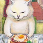 作品118. カマノレイコ　猫ポストカード２枚組　「目玉焼きトースト」