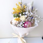 作品［再販］春色 ミモザとラベンダー ラナンキュラスの花束 スワッグ 帆布でくるりと包んだ クレープスワッグ 