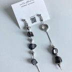 作品☆new☆イヤリング変更可【ダークネイビーのストーンpierce・earring】ロングチェーン/ストーン/ロングピアス/ 大ぶりイヤリング/大ぶりピアス/個性的ピアス/アシンメトリー