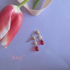 作品"Amy" ピアス (ルビーレッド×淡水パール)