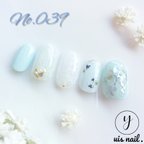 作品【No.039】ネイルチップ　ウェディング　結婚式　フラワー　押し花　サムシングブルー　シェルネイル　ストーン　透け感　ビジュー　ブルー系　レース　水色　春　夏　秋　冬　梅雨ネイル　紫陽花　あじさい