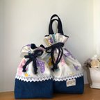 作品送料無料】マチマチ付巾着セット☆名前刺繍入り！M・Sサイズセット　鳥たちの巾着　中・小２枚組　バード柄　小物入れ　着替え袋