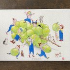 作品ポストカードサイズの小さなアート作品  『アスパラ娘収穫祭【葡萄の彩③】』