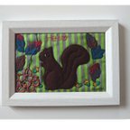 作品小さなりすの額絵キルト　Small squirrel framed quilt　小松鼠框架被