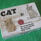 作品木製ジュエリーボックス　猫たち　赤い毛糸玉