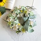 作品❤︎.*Green＆Off White natural紫陽花リース　アンデスアジサイ リース　お洒落　お祝い　ウェディング　結婚式　母の日 母の日ギフト 誕生日　ウェディングリース　新築祝い　夏リース