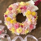 作品プリザーブドフラワーリース＊薔薇とカーネーション＊ふんわりピンク＊