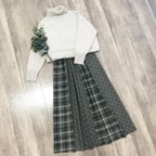作品YUWA パッチワーク風 カーキ ドット×チェック の かわいい ギャザースカート