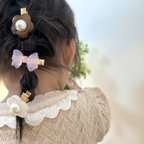 作品【flower  perl clip sparkling brown】花 ヘアクリップ ヘアアクセサリー アクセサリー ピンク キッズアクセ ビーズ キラキラ 夏