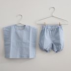 作品甚平みたいなサラッと涼しいベビー服 かぼちゃパンツと上着のセット 【水色ギンガムチェック】80女の子　男の子　水遊び　夏祭り　セットアップ　リップル生地