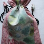 作品６７７２　絞りと花柄の着物で作った巾着袋　＃送料無料