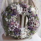 作品(38cm)  布花のアネモネとドライフラワーのアジサイの春色ボリュームリース