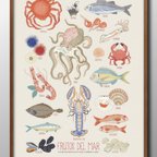 作品14684■ポスター　絵画　A3サイズ　『シーフード　魚　北欧』　アート　イラスト　デザイン　上級マット紙採用　北欧
