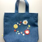 作品お花の刺繍デニムトートバッグ