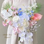 作品🍀オーダーブーケM受付ページ💐ブートニア付き✨ウェディングブーケ　アーティフィシャルフラワー　アーティフィシャルフラワーブーケ　ブライダルブーケ　前撮り　リゾートブーケ　トロピカルブーケ　