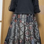 作品着物リメイク　村山大島のパッチワークティアードスカート　フリーサイズ