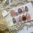 作品サイズオーダー♡ フリル×ビジューハートネイルチップ　ピンク　ブラウン　size order nail tip