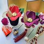 作品成人式 髪飾り 椿 振袖 二十歳 水引 ツバキ 卒業式 和 紫赤 和装 結婚式 ベルベット花 レッド パープル ウェディング
