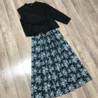 作品YUWA ドビー織り ネイビー お花柄 上品 織模様もすてきな ギャザースカート