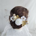 作品水引細工・鶴の羽と林檎の花の和装ヘアアクセ　着物ヘアアクセサリー　髪飾り　タイトシニヨン　シニヨンヘア　成人式　結婚式　白無垢　卒業式　振袖　袴　着物　水引　水引アレンジ　