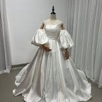 作品アイボリー  オフショルダー ウエディングドレス  取り外し袖  編み上げ  華やかなトレーン /結婚式披露