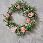 作品生花のような装いミルフィーユローズとユーカリリース  30cmリースブーケ ウェディング 結婚祝い 新築祝い誕生祝い  玄関リース ドアリース インテリア