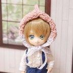 作品【ぬいぐるみ・お人形用】とんがりニットカウル ゆめかわいいver.　くすみピンク×ラベンダーバイカラー（4インチ用）