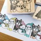 作品フレブルと雪だるまの消しゴムはんこ