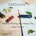 作品Rabbits Playing on a Rainy Day｜うさぎたちの雨の日の遊び　ポストカードサイズシール