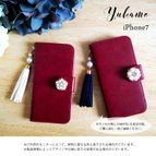 作品【iPhone7】スマホケース＊レトロ＊レザー＊ビジュー＊タッセル＊手帳型＊スマホカバー【ワインレッド】