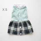 作品[犬服] ＸSサイズ 完成品 チワワ　　　　　　　　　　ミント レースニットと タータンチェックの 切替ワンピース 背中開き バックオープン