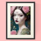 作品『原画』くすみカラーのパステルグリーンの洋服と花がエレガントでゆめかわいい女の子と蝶 グラフィック絵画