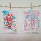 作品透明水彩イラストポストカード２枚セット　「なつがきた」「ふゆじたく」