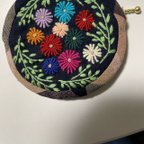 作品ハンドメイド　手刺繍　安曇野木綿　まん丸ふっくらポーチ